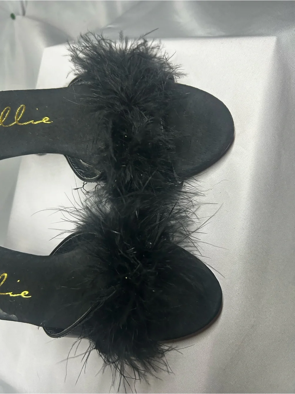 Ellie Black Feather Slide Heels with Marabou Trim